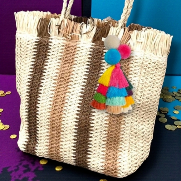 🆕️Boho Chic Straw Tote Bag Colorful Tassel Beach Bag Vacay Summer Fringe Woven - Picture 11 of 13